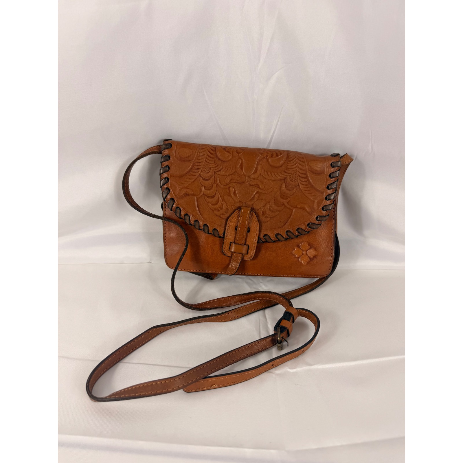Patricia Nash Crossbody Bag Medium Tan Tooled Leather Whipstitch Boho Western